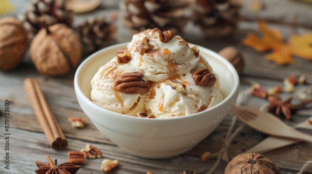 A bowl of caramel pecan ice cream with a sprinkle of cinnamon, set on a wooden table with autumn decorations. Perfect for seasonal food photography and autumn-themed promotions A bowl of caramel pecan ice cream with a sprinkle of cinnamon, set on a wooden table with autumn decorations. Perfect for seasonal food photography and autumn-themed promotions
