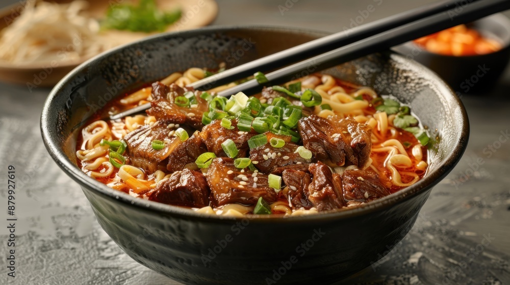 savory bowl of noodles featuring tender ribs, finely chopped green onions, and sprinkle of fresh coriander. The dish is presented with noodle chopsticks, creating appetizing and flavorful experience savory bowl of noodles featuring tender ribs, finely chopped green onions, and sprinkle of fresh coriander. The dish is presented with noodle chopsticks, creating appetizing and flavorful experience