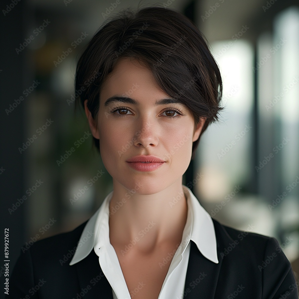 Professional businesswoman with short dark hair, in a modern office environment, perfect for corporate use and LinkedIn profiles. Professional businesswoman with short dark hair, in a modern office environment, perfect for corporate use and LinkedIn profiles.