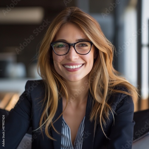 Confident businesswoman with glasses in a modern office, showcasing professional success and leadership.