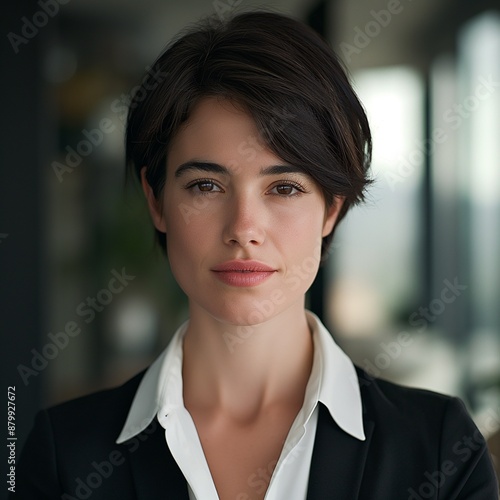 Professional businesswoman with short dark hair, in a modern office environment, perfect for corporate use and LinkedIn profiles.