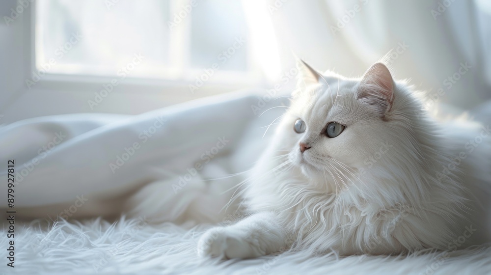 Obraz premium A fluffy white cat poses in a minimalist white room, embodying photorealism. The striking contrast of the cat’s fur against the clean background adds depth to the scene