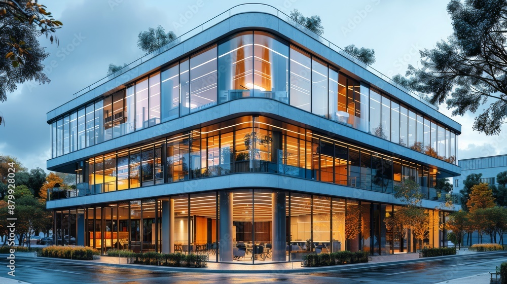 Glass office building at twilight with innovative design and elegant interiors, creating a minimalist atmosphere Glass office building at twilight with innovative design and elegant interiors, creating a minimalist atmosphere