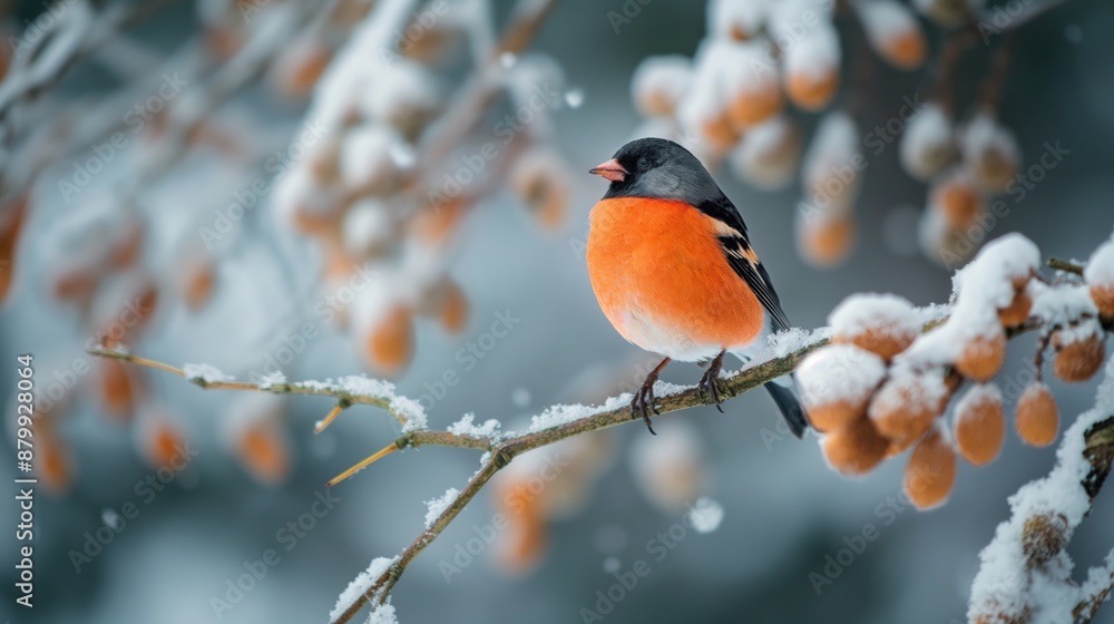A bullfinch sits on a branch in a winter forest. Wildlife concept A bullfinch sits on a branch in a winter forest. Wildlife concept