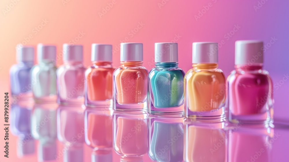 A lineup of nail polishes in a product photo shoot, showcasing a rainbow of pastel colors against a soft pink gradient background. Perfect for promoting beauty and fashion products. A lineup of nail polishes in a product photo shoot, showcasing a rainbow of pastel colors against a soft pink gradient background. Perfect for promoting beauty and fashion products.
