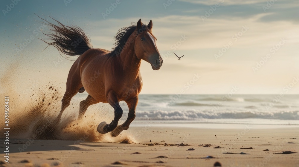 horse running on the sand beach in the morning horse running on the sand beach in the morning