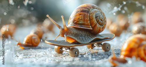 A snail rides a skateboard, lifting the front wheels to demonstrate the rapid acceleration of a slow process. This playful image conveys themes of speed, transformation, and unexpected energy