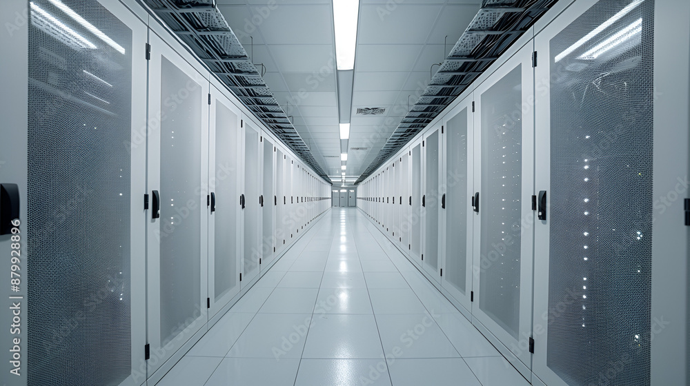 View of a Corridor in an Operational Data Center with a High Internet Visualization Projection and Rack Servers and Supercomputers View of a Corridor in an Operational Data Center with a High Internet Visualization Projection and Rack Servers and Supercomputers