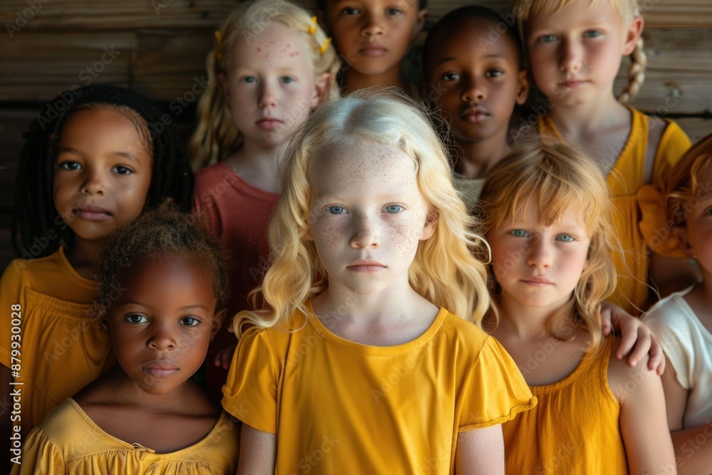 Obraz premium group adorable children from various nationalities skin colors stand together, posing for camera. albino girl is hugging her friends, showcasing albinism and diversity people