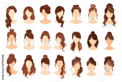 Women hairstyles. Woman haircut girl hair coiffure brunette female face head model for hairdresser set cartoon flat vector illustration