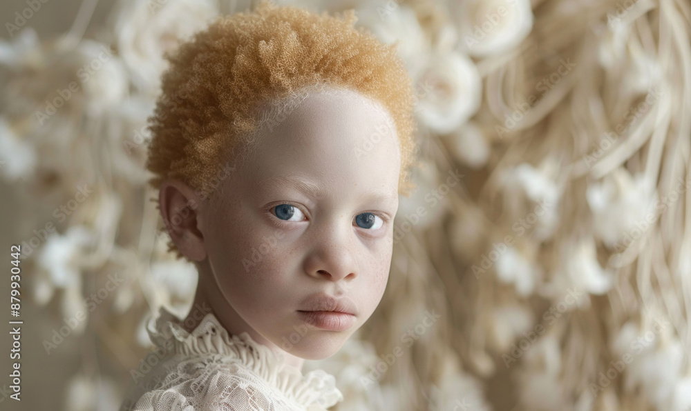 Fototapeta premium Portrait of African albino boy, showcasing the unique features and beauty of albinism. This image emphasizes importance of diversity inclusion. Suitable for educational awareness campaigns