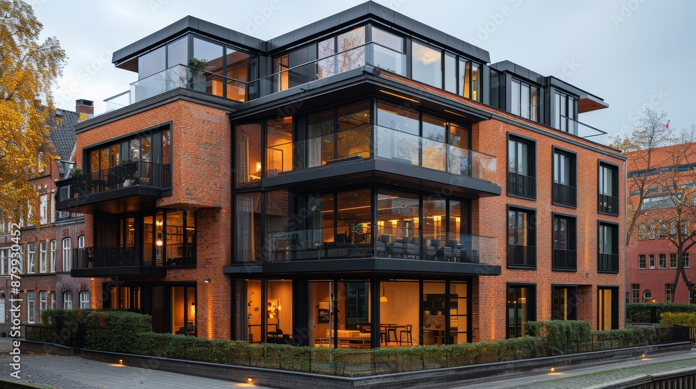 Glass office building at twilight with innovative design and elegant interiors, creating a minimalist atmosphere Glass office building at twilight with innovative design and elegant interiors, creating a minimalist atmosphere
