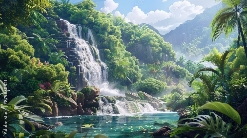 A scenic waterfall in a tropical jungle A scenic waterfall in a tropical jungle