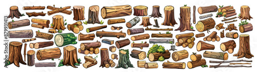 Wooden logs stumps. Cartoon trunk wood timber material, trees branches hardwood piece stack lumber woodwork carpentry industry, raw log for campfire set vector illustration