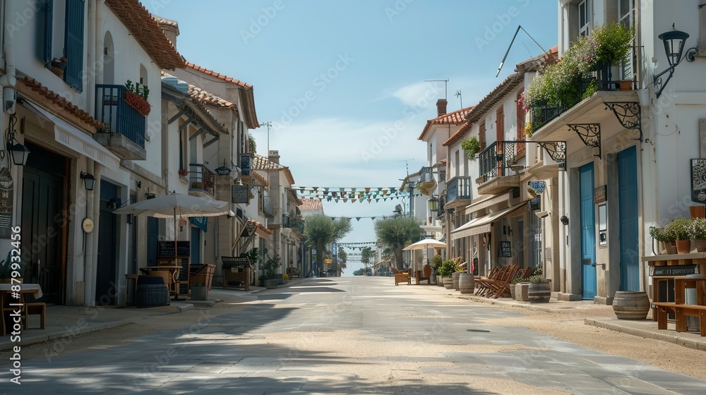 A vacant road lined with tables and chairs on each side and several structures on the opposite side A vacant road lined with tables and chairs on each side and several structures on the opposite side