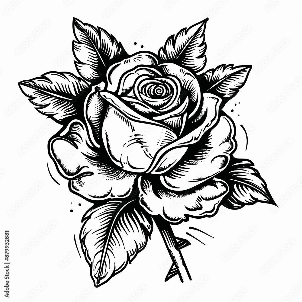 Fototapeta premium A black and white drawing of a rose with a stem. The rose is the main focus of the drawing and is surrounded by a leaf. The drawing has a vintage feel to it, and the black