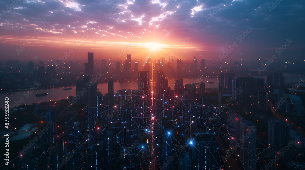 Fototapeta premium Wireless mobile communication network above the city