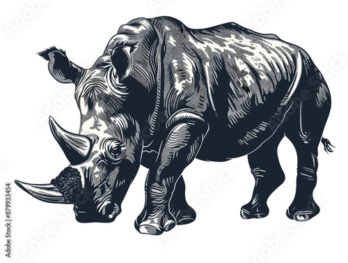 A black and white drawing of a rhino with its head down. The rhino is eating something