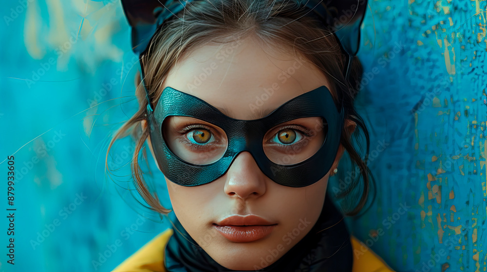 A young girl with piercing yellow eyes wears a black mask and stands against a vibrant teal background, embodying a captivating Halloween or costume look. Ideal for promoting Halloween events, costume A young girl with piercing yellow eyes wears a black mask and stands against a vibrant teal background, embodying a captivating Halloween or costume look. Ideal for promoting Halloween events, costume