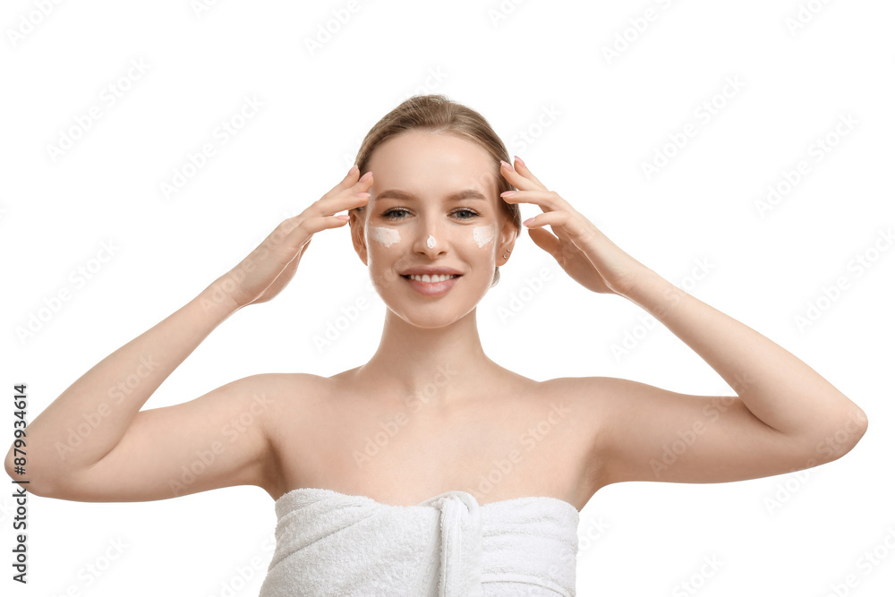 Young woman applying cream on white background Young woman applying cream on white background