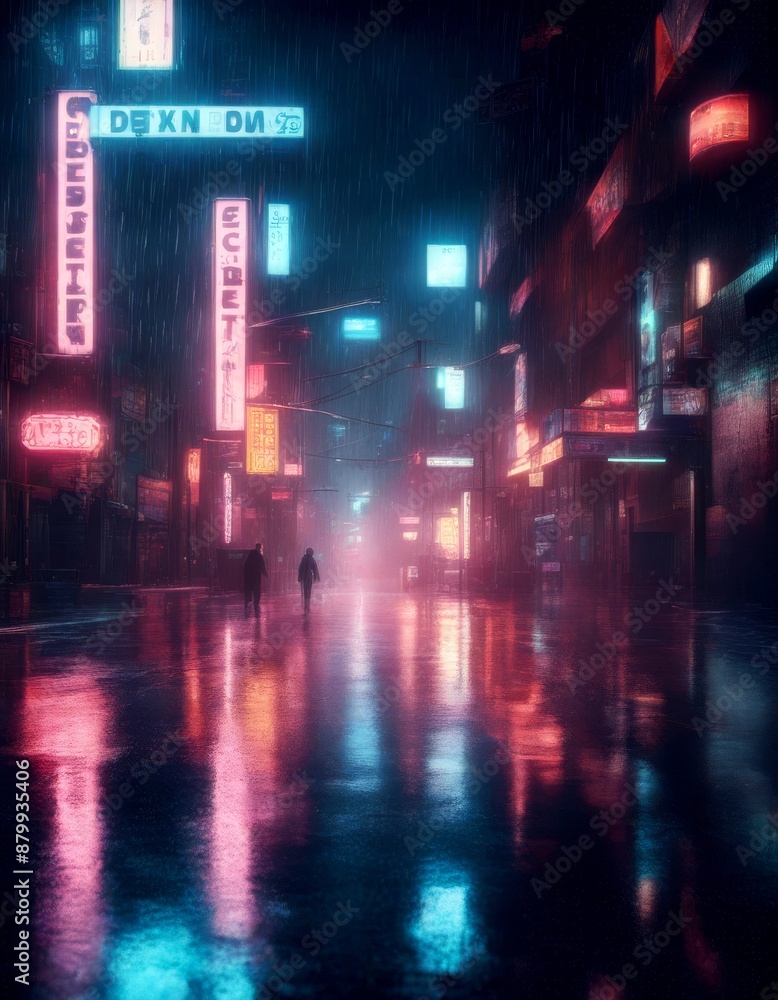 Fototapeta premium illustration night street cyberpunk reflected landscape cityscape futuristic lights scene style pavement rainy 3d t photorealistic empty city neon