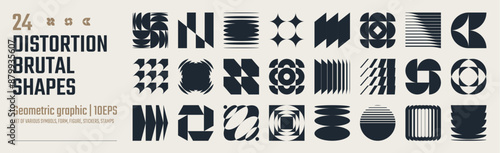 Postmodern abstract geometric graphic elements, Refraction and distortion glass effect various form, Brutalist vector shapes, trendy retro design symbols in Y2K aesthetics, vintage stickers