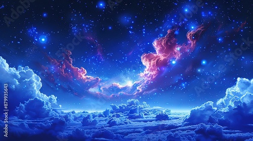   A blue sky filled with countless clouds below a dazzling star-filled sky