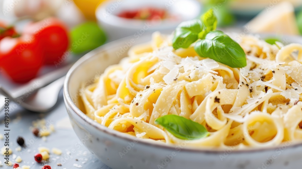 A close-up view of a bowl filled with delicious pasta topped with fresh basil leaves, grated cheese, and sprinkled with black pepper and spices, served on a table. A close-up view of a bowl filled with delicious pasta topped with fresh basil leaves, grated cheese, and sprinkled with black pepper and spices, served on a table.