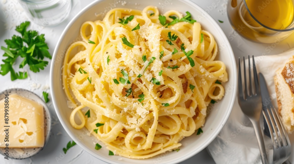 A bowl of pasta garnished with freshly chopped parsley and grated cheese, served with a fork and a glass of wine on a dining table set with bread and cutlery. A bowl of pasta garnished with freshly chopped parsley and grated cheese, served with a fork and a glass of wine on a dining table set with bread and cutlery.