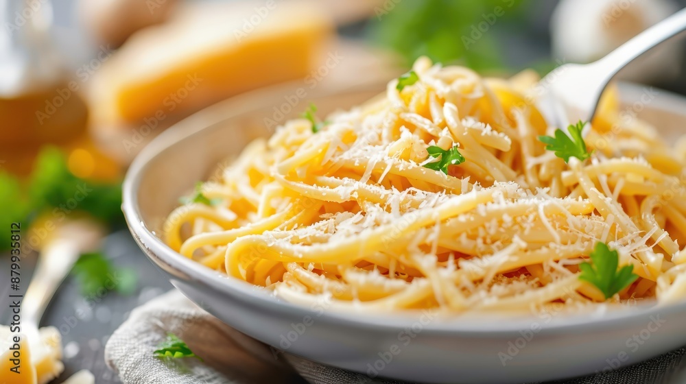 A close-up view of a plate of freshly cooked spaghetti topped generously with grated cheese and garnished with parsley, served on a rustic wooden table with cheese chunks. A close-up view of a plate of freshly cooked spaghetti topped generously with grated cheese and garnished with parsley, served on a rustic wooden table with cheese chunks.