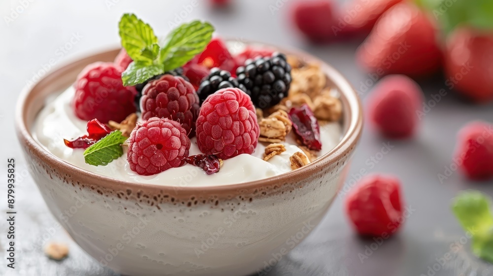 A bowl of yogurt topped with fresh raspberries, blackberries, and granola, with a few mint leaves for garnish, showcasing a healthy and delicious breakfast or snack option. A bowl of yogurt topped with fresh raspberries, blackberries, and granola, with a few mint leaves for garnish, showcasing a healthy and delicious breakfast or snack option.