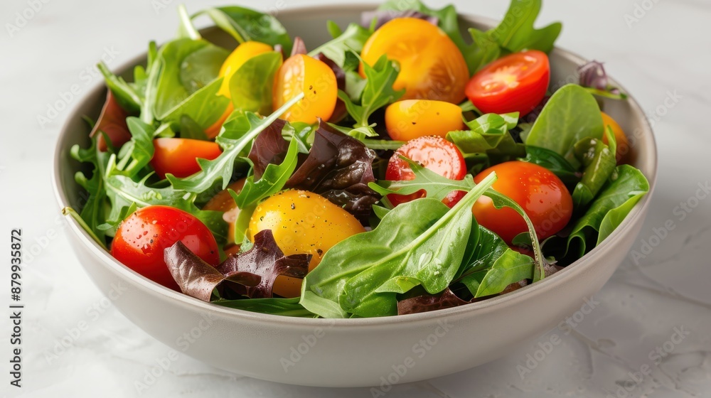 This image shows a colorful tomato and arugula salad in a white ceramic bowl. The contrast between the bright greens and red tomatoes creates a visually stunning and fresh dish. This image shows a colorful tomato and arugula salad in a white ceramic bowl. The contrast between the bright greens and red tomatoes creates a visually stunning and fresh dish.