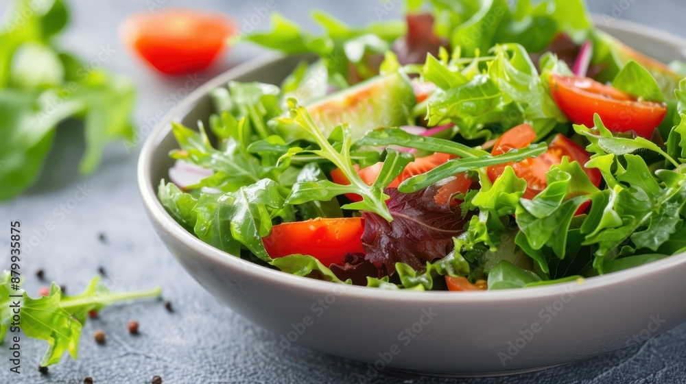 A colorful bowl of fresh mixed greens including arugula, lettuce, and spinach with sliced tomatoes, perfect for a healthy meal option showcasing vibrant and fresh ingredients. A colorful bowl of fresh mixed greens including arugula, lettuce, and spinach with sliced tomatoes, perfect for a healthy meal option showcasing vibrant and fresh ingredients.