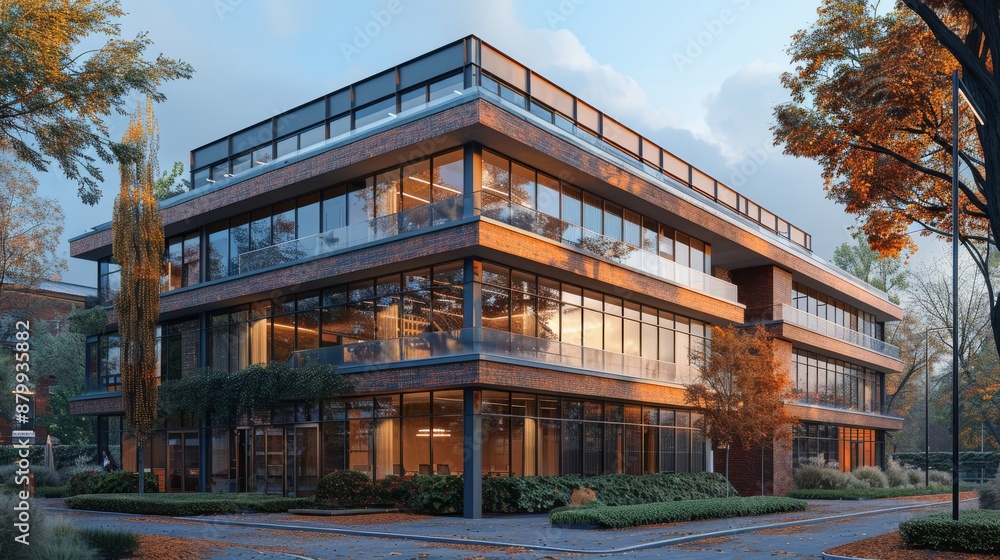 Glass office building at twilight with innovative design and elegant interiors, creating a minimalist atmosphere Glass office building at twilight with innovative design and elegant interiors, creating a minimalist atmosphere