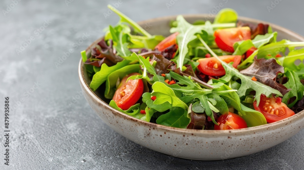 A fresh and nutritious arugula salad with cherry tomatoes. The vibrant colors and fresh ingredients make this dish appealing and perfect for a healthy meal option. A fresh and nutritious arugula salad with cherry tomatoes. The vibrant colors and fresh ingredients make this dish appealing and perfect for a healthy meal option.
