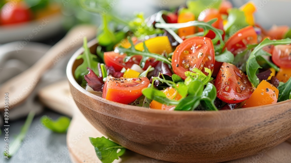 This image features a wooden bowl filled with fresh arugula and colorful tomatoes. The natural wooden bowl complements the vibrant colors of the salad, making it visually appealing. This image features a wooden bowl filled with fresh arugula and colorful tomatoes. The natural wooden bowl complements the vibrant colors of the salad, making it visually appealing.