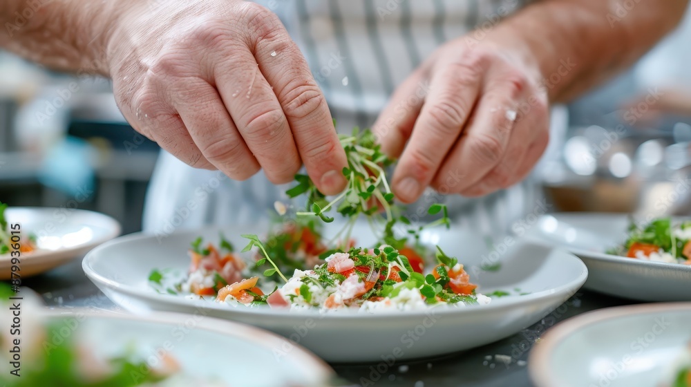 The chef's hands are shown adding vibrant microgreens to a gourmet dish, adding the final touches and emphasizing the freshness and visual appeal of the culinary creation in a modern kitchen. The chef's hands are shown adding vibrant microgreens to a gourmet dish, adding the final touches and emphasizing the freshness and visual appeal of the culinary creation in a modern kitchen.