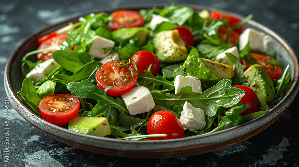 A telephoto angle photo of a summer salad with arugula, cherry tomatoes, avocado, and feta cheese, with copy space A telephoto angle photo of a summer salad with arugula, cherry tomatoes, avocado, and feta cheese, with copy space