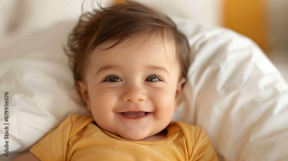 An adorable baby with brown hair and big eyes smiling brightly, dressed in a yellow outfit with a blurred white background creating a warm and joyful ambiance. An adorable baby with brown hair and big eyes smiling brightly, dressed in a yellow outfit with a blurred white background creating a warm and joyful ambiance.