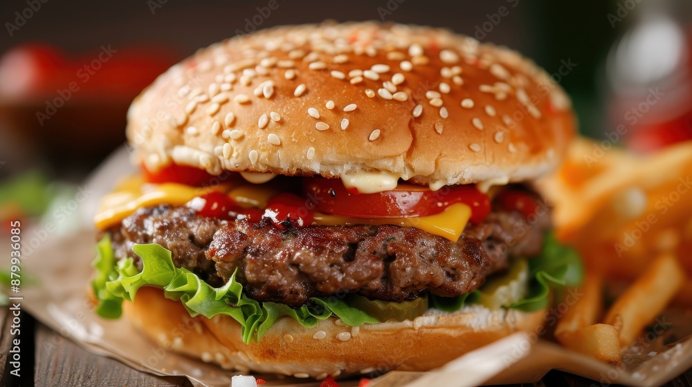 A classic burger topped with melted cheese, fresh lettuce, and thick tomato slices rests on a paper wrap, complemented by a generous serving of crunchy fries. A classic burger topped with melted cheese, fresh lettuce, and thick tomato slices rests on a paper wrap, complemented by a generous serving of crunchy fries.