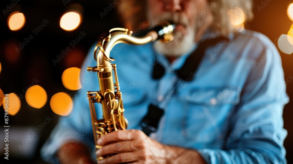 Obraz premium A person wearing a blue shirt passionately plays a golden saxophone amidst warm lights and a blurred background, capturing the essence of live music performance.