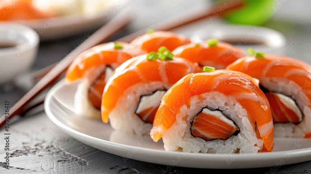 A culinary masterpiece featuring sushi rolls topped with fresh salmon and filled with creamy cheese, presented on a pristine white plate, exemplifying the artistry of Japanese gastronomy. A culinary masterpiece featuring sushi rolls topped with fresh salmon and filled with creamy cheese, presented on a pristine white plate, exemplifying the artistry of Japanese gastronomy.