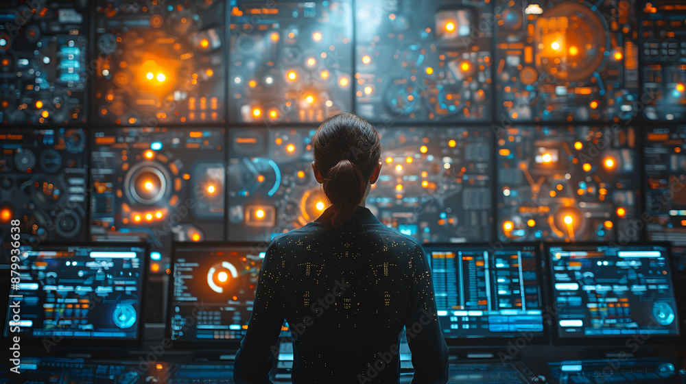 Obraz premium a smart woman Is working in front of big computers with data analysis in office, 3D future technology concept, blur effect in the backgraund 