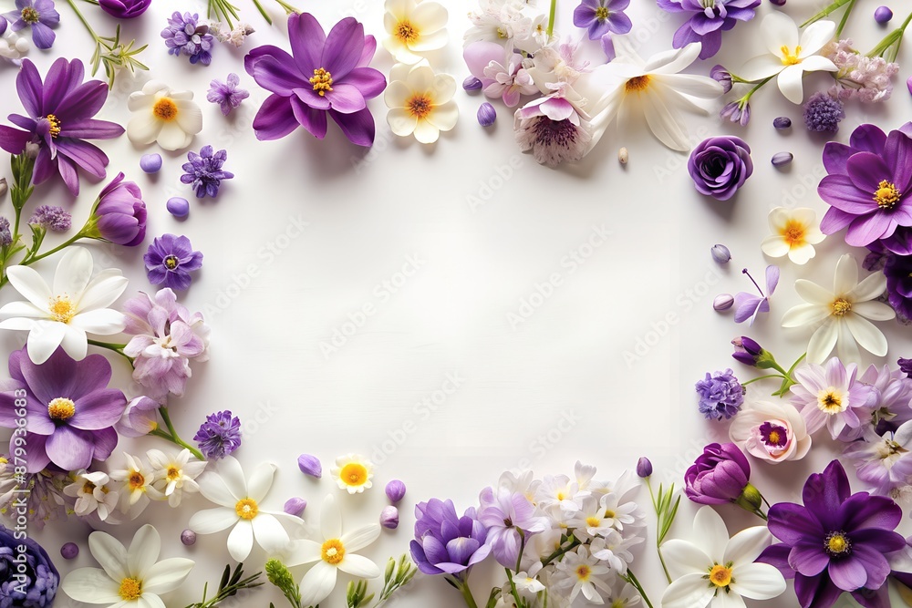 A frame made of purple and white flowers on a white background A frame made of purple and white flowers on a white background
