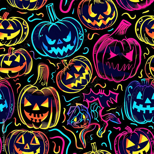 Neon pumpkin halloween seamless pattern (generative ai)