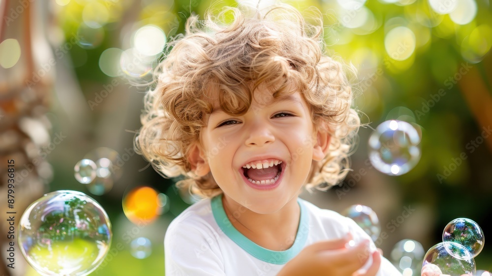 A young child with curly hair enjoys playing with soap bubbles in a sunlit garden, surrounded by bokeh effects and a vibrant outdoor background. A young child with curly hair enjoys playing with soap bubbles in a sunlit garden, surrounded by bokeh effects and a vibrant outdoor background.