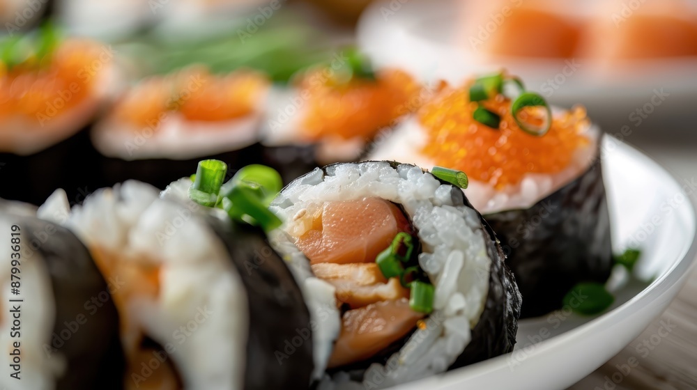 A variety of sushi rolls are displayed on a white plate, each topped with fresh ingredients like salmon and garnishes, showcasing the colorful and appetizing nature of the dish. A variety of sushi rolls are displayed on a white plate, each topped with fresh ingredients like salmon and garnishes, showcasing the colorful and appetizing nature of the dish.