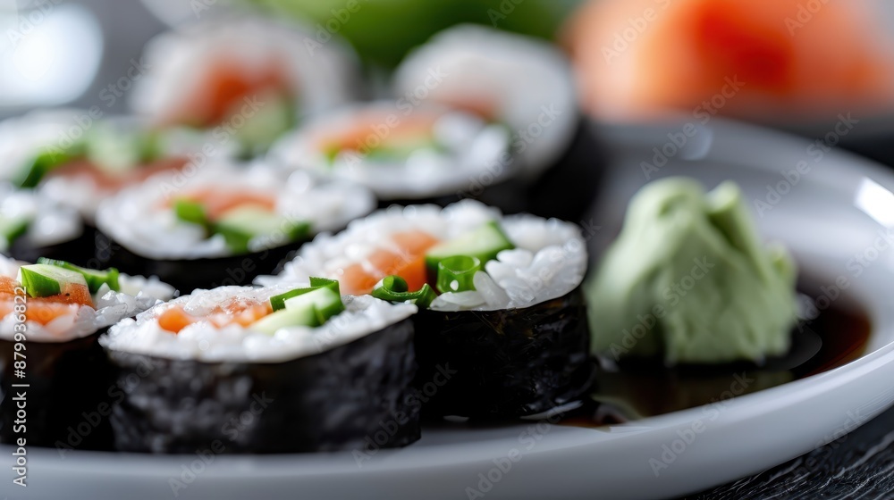 A close-up view of sushi rolls served with wasabi and soy sauce on a plate, highlighting the freshness of the ingredients and the elegant presentation of Japanese cuisine. A close-up view of sushi rolls served with wasabi and soy sauce on a plate, highlighting the freshness of the ingredients and the elegant presentation of Japanese cuisine.