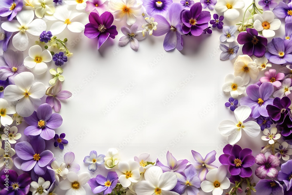 A frame made of purple and white flowers on a white background A frame made of purple and white flowers on a white background
