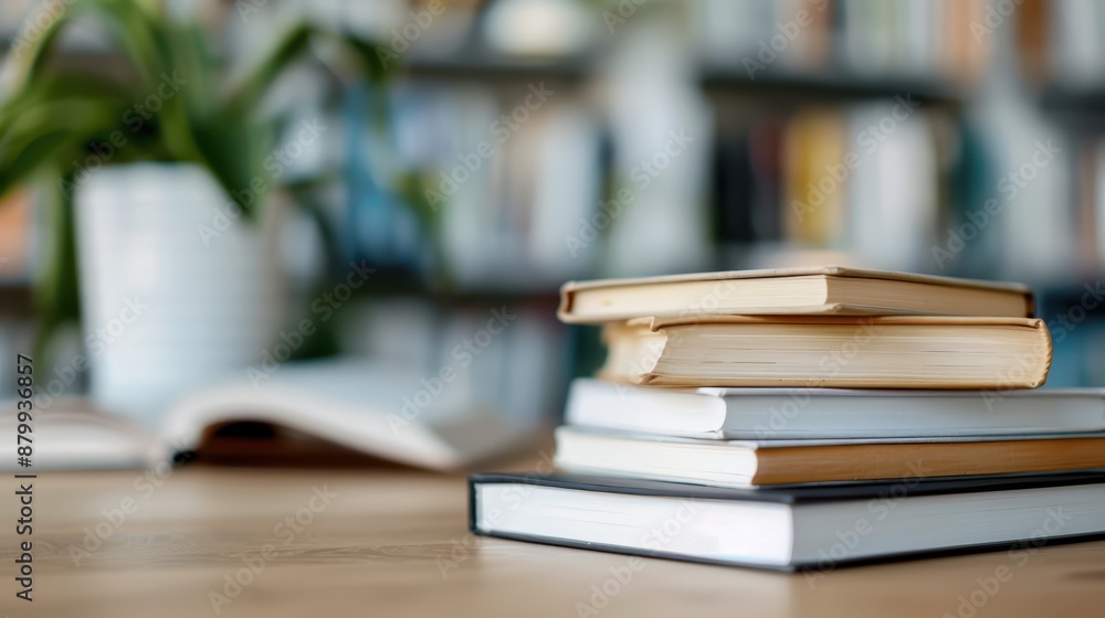 A stack of modern and classic books placed on a wooden table in a cozy library, with a plant and other books blurred in the background, creating a peaceful ambiance. A stack of modern and classic books placed on a wooden table in a cozy library, with a plant and other books blurred in the background, creating a peaceful ambiance.